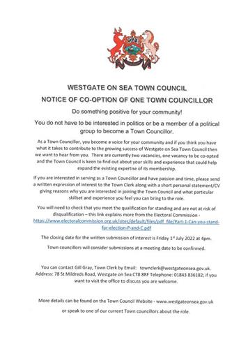  - Become a Westgate-on-Sea Town Councillor - Deadline for applications 01.07.22