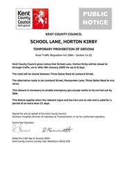 School Lane Horton Kirby - temporary prohibition of driving - 14th January 2025