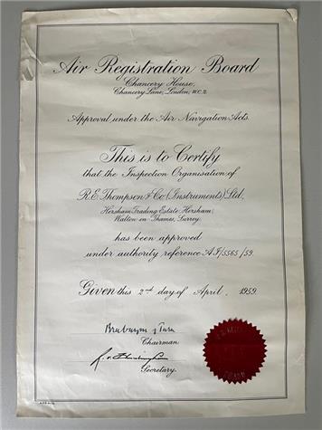 Air Registration Board Certificate 1959 - RET APPROVAL IN APRIL – APRIL 1959!