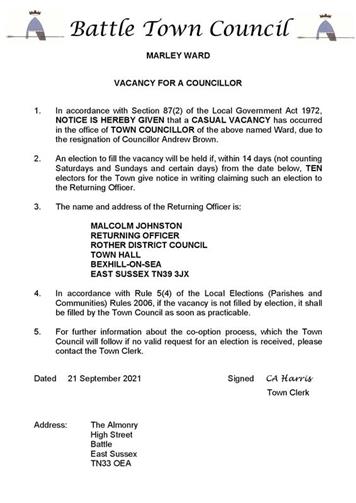  - Notice of Councillor vacancy - Marley Ward