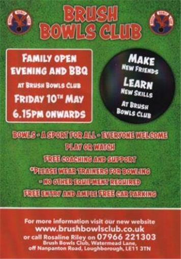 Family Open Evening and BBQ  - Brush Bowls Club Family Open Evening and BBQ Friday 10th May 6.15pm Onwards