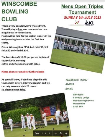  - WINSCOMBE BOWLING  CLUB- Men's Open Triples Tournament SUNDAY 9th JULY 2023