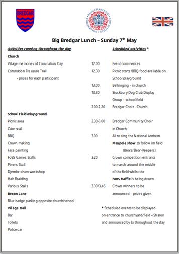 Big Bredgar Lunch Timetable of Events - The Big Bredgar Lunch - Coronation Celebration