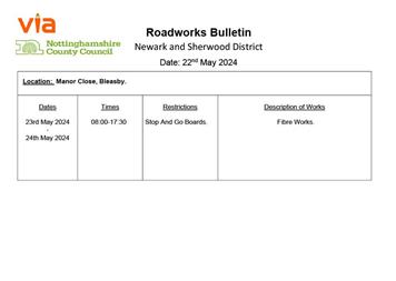 Roadworks Bulletin - Manor Close, Bleasby 23-24 May