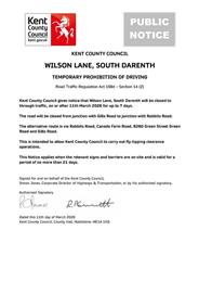 WILSON LANE, SOUTH DARENTH TEMPORARY PROHIBITION OF DRIVING