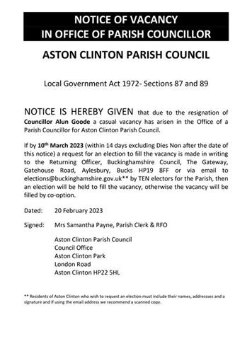  - Notice of Vacancy in Office of Parish Councillor