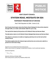 Urgent Road Closure - Station Road, Westgate On Sea - 14th October 2022 (Thanet)