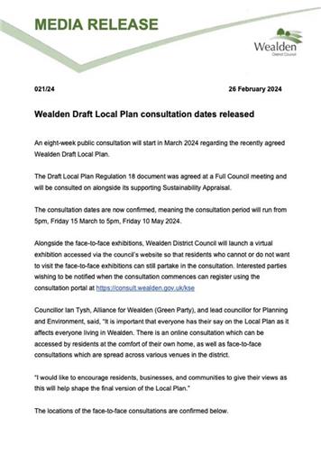  - Wealden Draft Local Plan consultation dates released