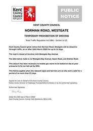 KCC Notice - Road Closure - Norman Road, Westgate