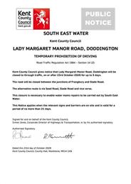 South East Water - Emergency Road Closure - Lady Margaret Manor Road, Doddington - 23rd October 2026