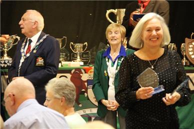 Collecting the Pairs trophies - Bowls Devon Annual Luncheon and Presentation