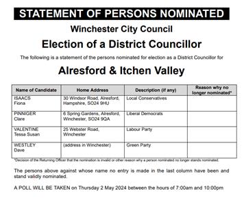  - Statement of persons nominated - Alresford and Itchen Valley ward in the upcoming Winchester City Council elections.