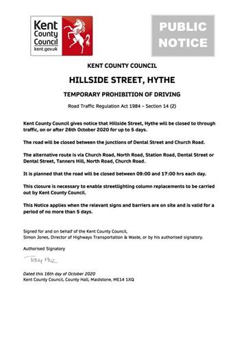  - Urgent Road Closure - Hillside Street, Hythe - 26th October 2020 (Folkestone & Hythe)