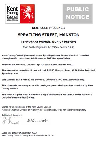  - KCC - Urgent Road Closure - Spratling Street, Manston - 6th November 2023 (Thanet)