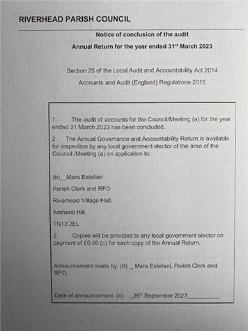  - Notice of Conclusion of the Audit Annual Return and Audit (England) Regulations 2015