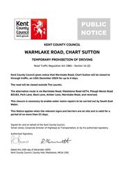 Emergency Road Closure - Warmlake Road - 15 December