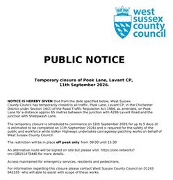 Pook Lane Road Closure - 11th September