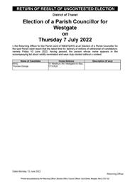 Notice of Result - Westgate By Election 7 July 2022