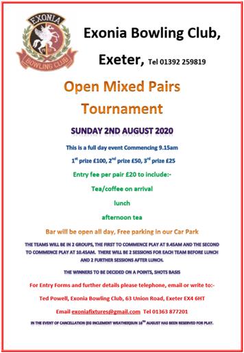  - Exonia Open Mixed Pairs on Sunday 2nd August 2020