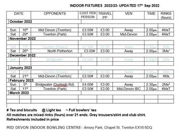 Winter indoor away fixtures