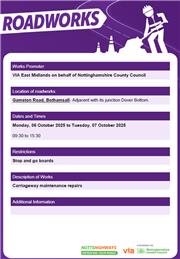 Roadworks Bulletin - Gamston Road, Bothamsall- Adjacent with its junction Dover Bottom.