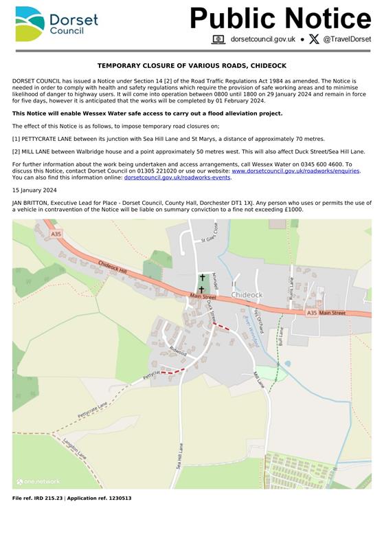 Road Closures Pettycrate Lane and part of Mill Lane details below, Chideock, Bridport