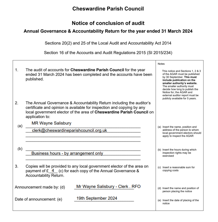 Audit Testing Conclusion Sample Notice of Conclusion of External Audit, Cheswardine, Market Drayton ...
