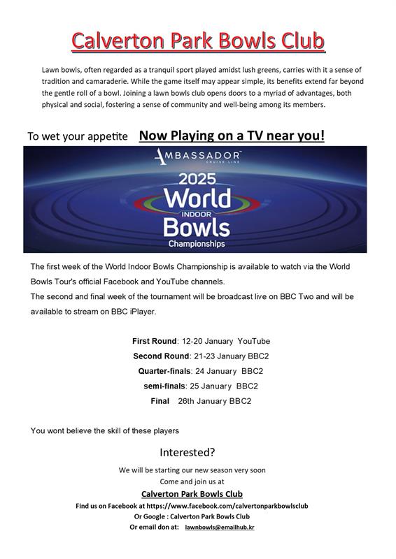 World Indoor Bowls Championship 2025, Calverton, Nottingham Local
