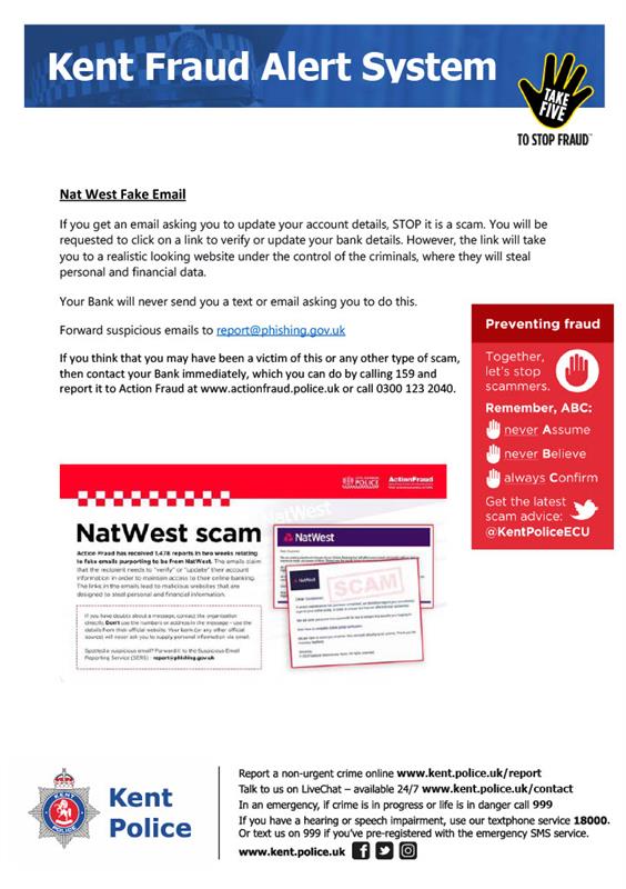 KENT FRAUD ALERT NATWEST FAKE EMAIL SCAM, Darenth, Dartford Local