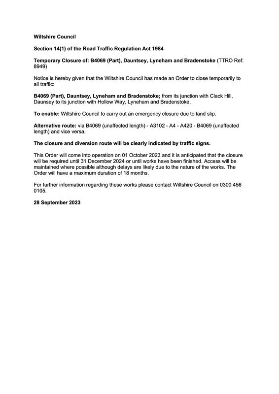Temporary Closure of: B4069 (Part), Dauntsey, Lyneham and Bradenstoke ...